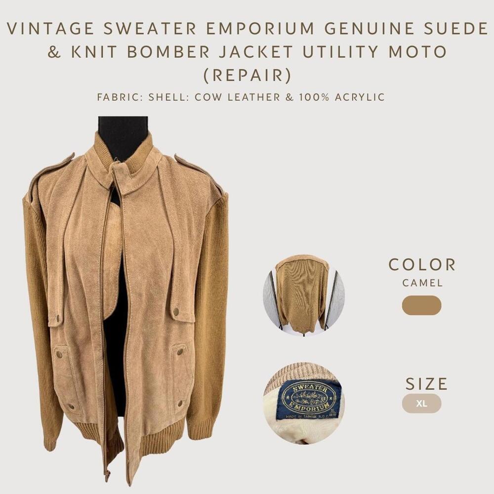 Vintage Sweater Emporium Suede Knit Bomber Jacket Utility Moto (As-Is Repair) XL